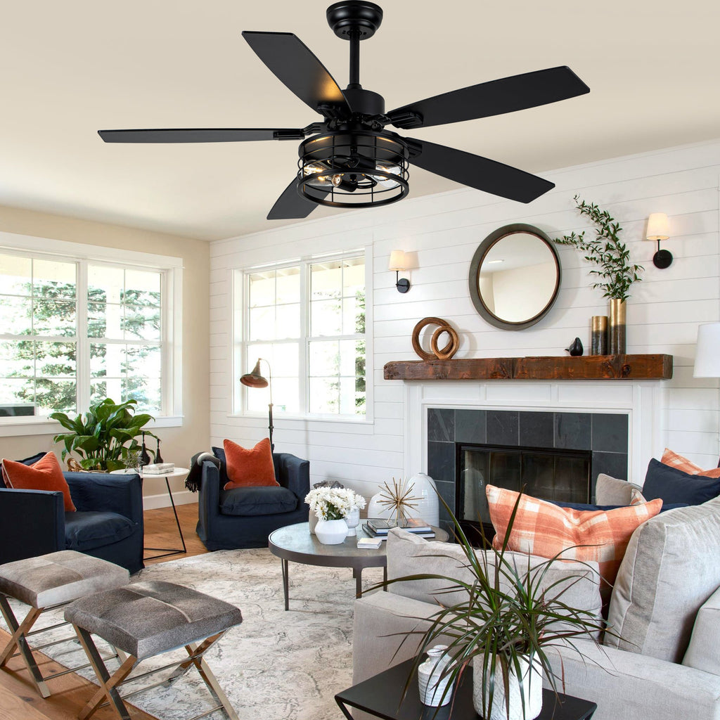 52 Inch Industrial Metal Caged Ceiling Fan with Lights and Remote Control, Silent DC Motor Fan for All Seasons