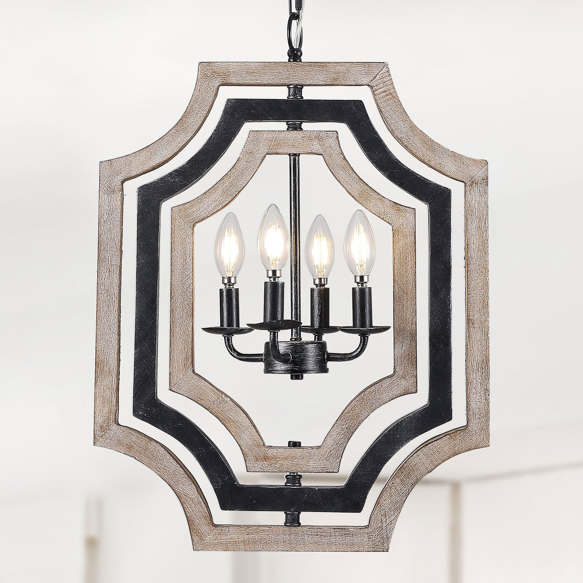 4 - Lights Distressed Wood Chandelier with Adjustable Chain, 16.9" Geometric Chandelier for Entryway with DIY Shade