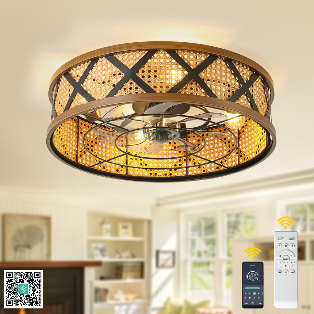 23 Inch Boho Rattan Flush Mount Ceiling Fan with Lights and Remote, 6 Speeds DC Motor Farmhouse Low Profile Bladeless Ceiling Fan