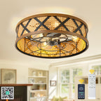 23 Inch Boho Rattan Flush Mount Ceiling Fan with Lights and Remote, 6 Speeds DC Motor Farmhouse Low Profile Bladeless Ceiling Fan