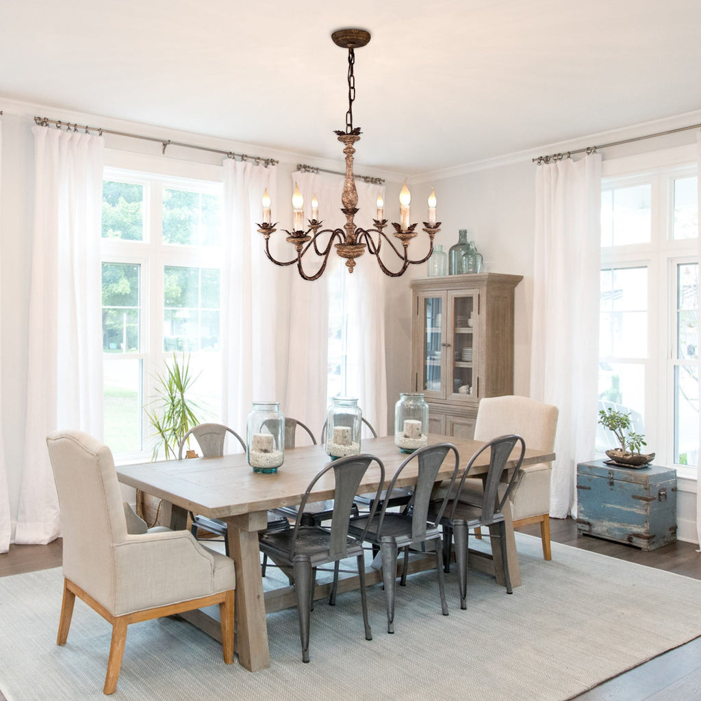 6-Light French Country Wood Chandelier, Rustic Bronze Pendant Lighting, Adjustable Chain Farmhouse Chandelier for Dining Room, Living Room, Foyer