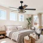 Luxury 52 Inch Crystal Caged Ceiling Fan with Light Reversible Wood Blades Quiet DC Motor Ceiling Fan Remote Control Timing Ceiling Fan Suit for Living Room, Kitchen, Bedroom
