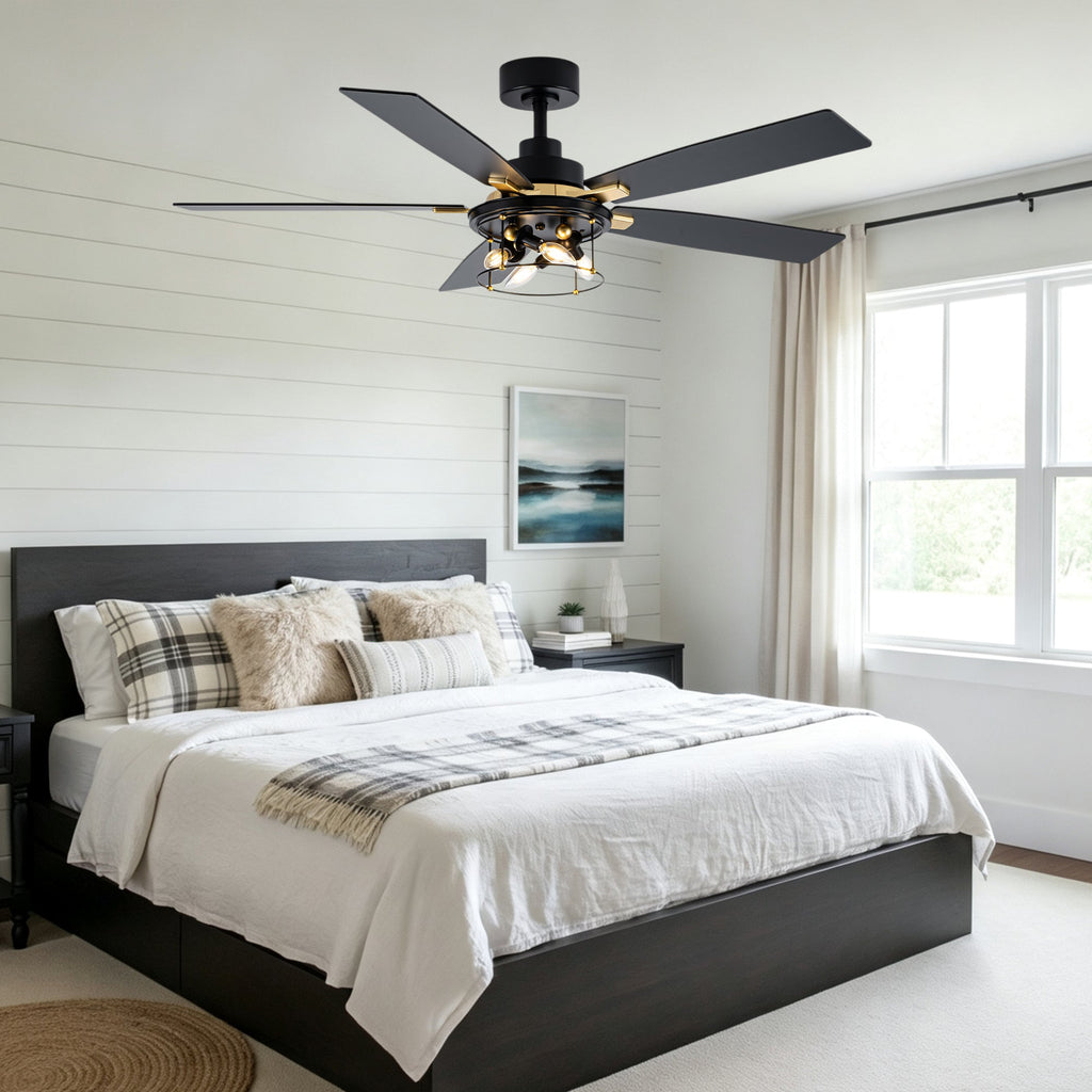 Industrial 52 Inch Gold/Black Caged Ceiling Fan with Light Quiet Reversible DC Motor with 6 Speed Remote Control Ceiling Fan 5 Blades Ceiling Fan Suit for Kitchen Bedroom Living Room