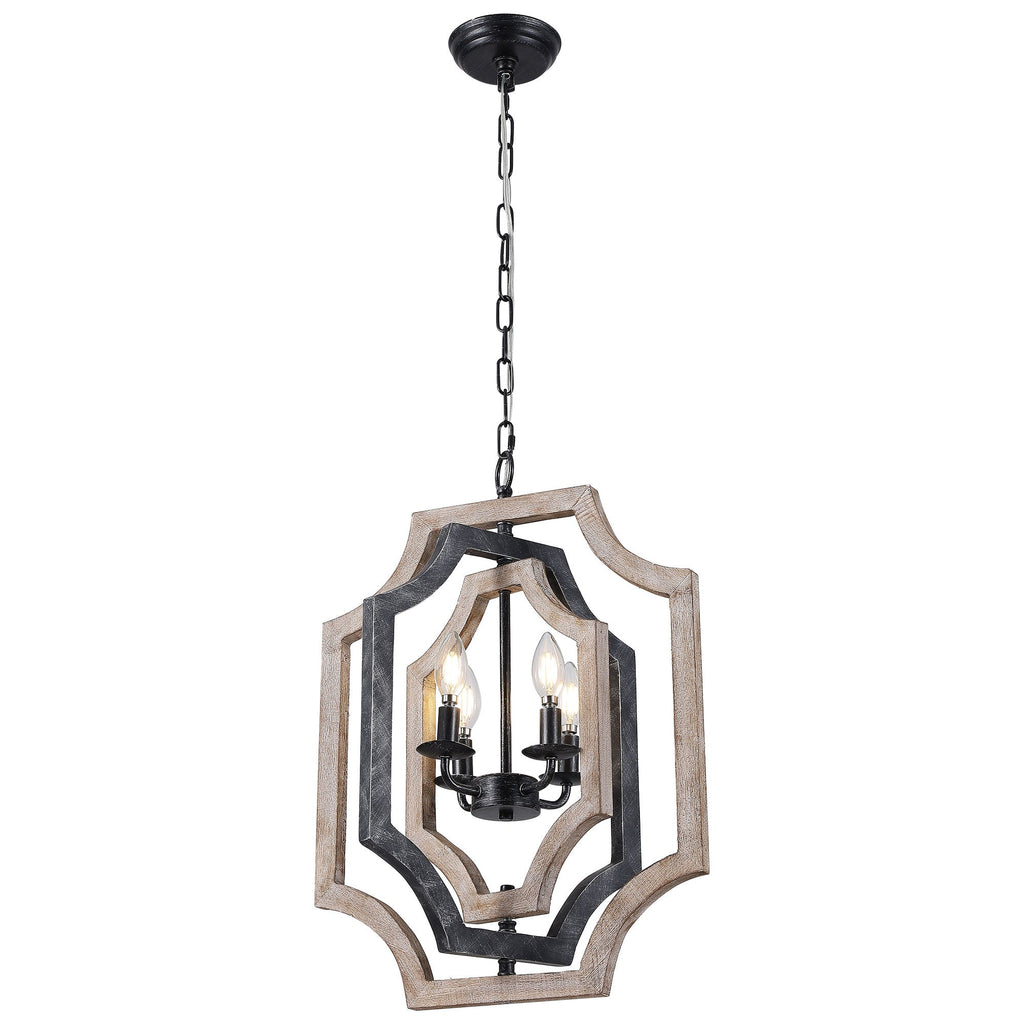 4 - Lights Distressed Wood Chandelier with Adjustable Chain, 16.9" Geometric Chandelier for Entryway with DIY Shade