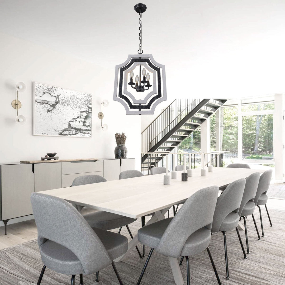 4 - Lights Distressed Wood Chandelier with Adjustable Chain, 16.9" Geometric Chandelier for Entryway with DIY Shade