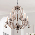 5 - Light Distressed Wood French Country Vintage Chandelier with Adjustable Height,  25" Farmhouse Chandelier for Dining Room