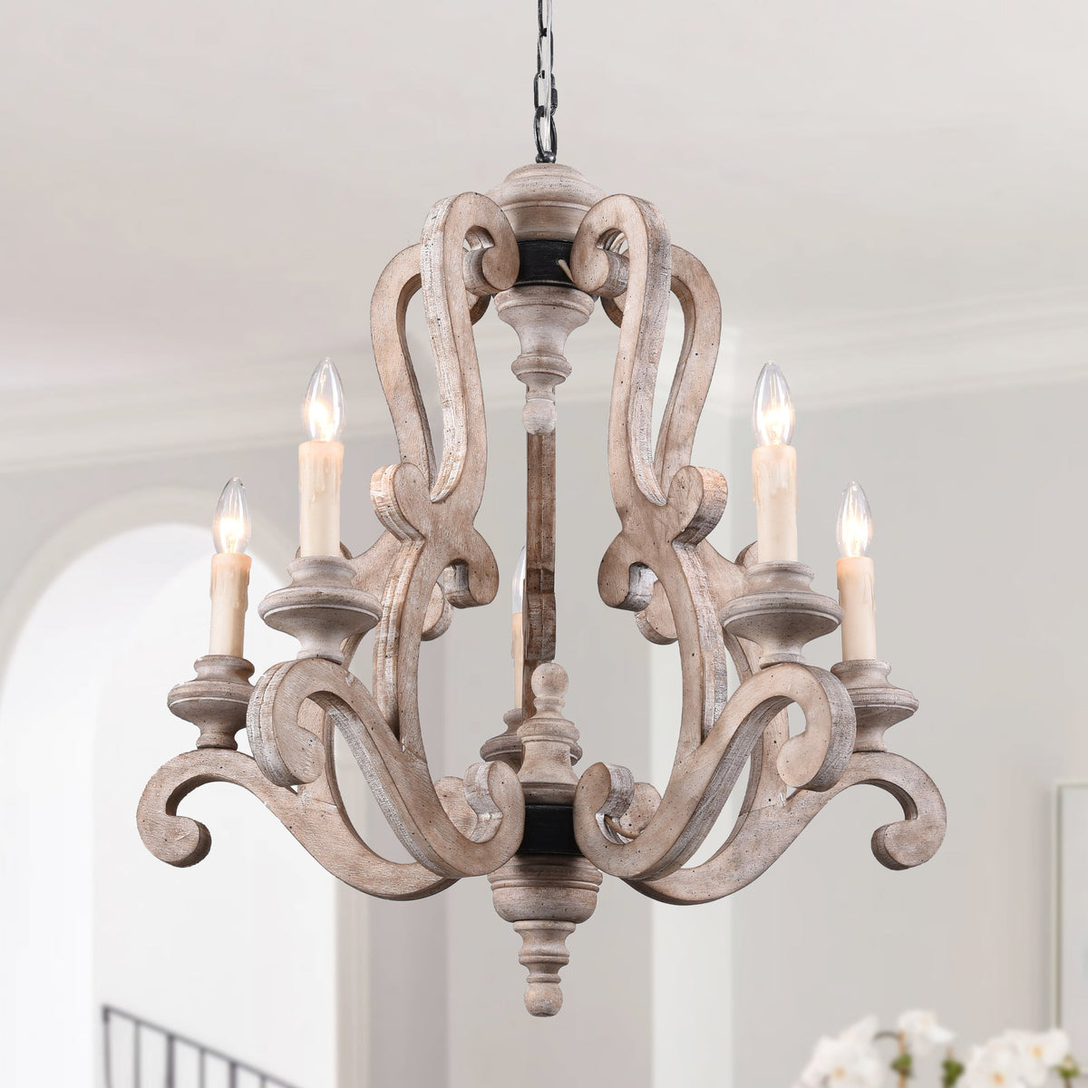 5 - Light Distressed Wood French Country Vintage Chandelier with Adjustable Height,  25" Farmhouse Chandelier for Dining Room