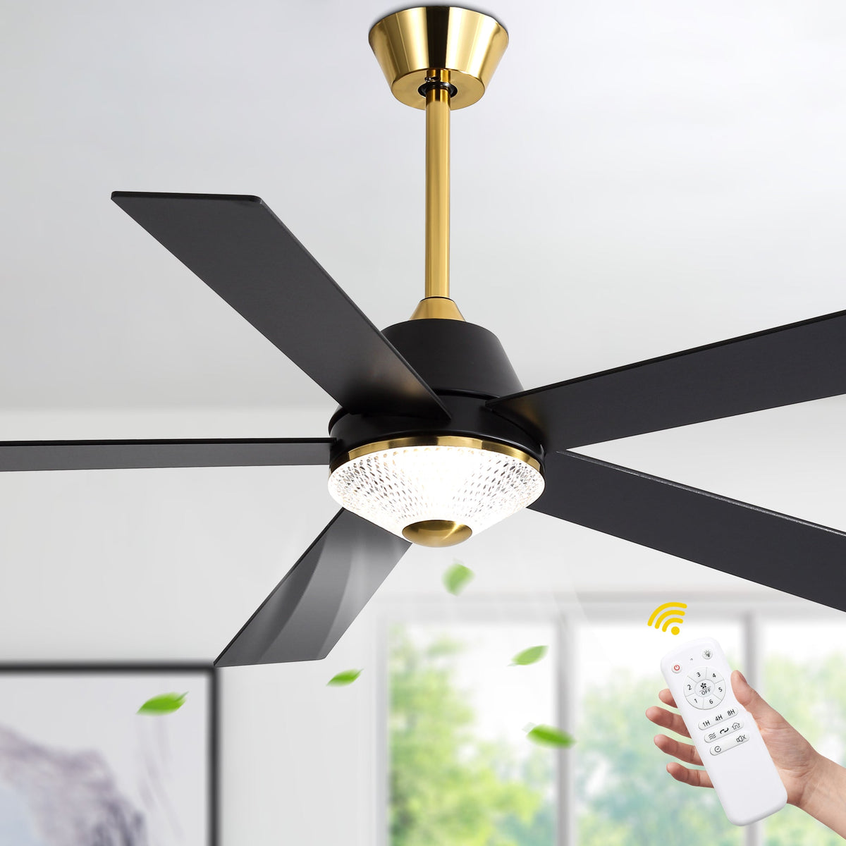 52 Inch Black and Gold Modern Ceiling Fan with LED Light and Remote Control, 6 Speeds DC Motor 5-Blade Reversible Ceiling Fan for Living Room