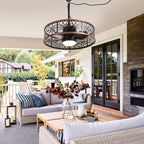 24 Inch Farmhouse Outdoor Waterproof Ceiling Fan with LED Light and Remote, 6 Speeds Black Plug In Caged Outdoor Fan Light