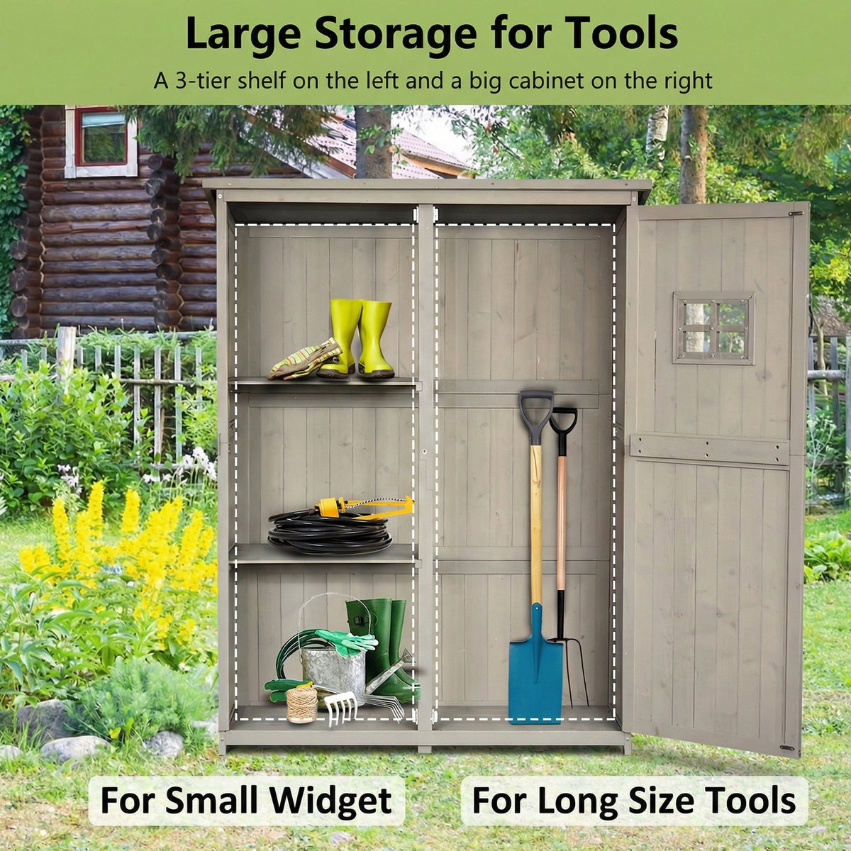 4' x 1.5' Wooden Garden Shed with Two Windows & Double Door, Grey
