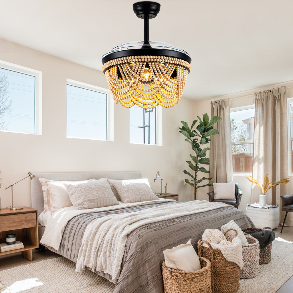 42 Inch Black Boho Retractable Ceiling Fan with Lights and Remote, 6 Speeds DC Motor Bladeless Fandelier Ceiling Fan with Wood Beaded Shade