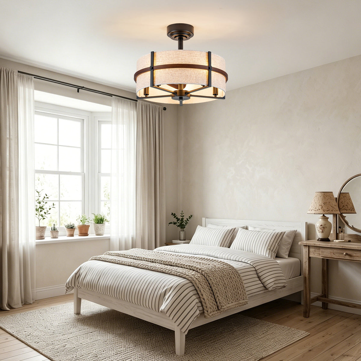 20 Inch Farmhouse Drum Caged Ceiling Fan with Lights and Remote APP Control, 6 Speeds DC Motor Reversible Fandelier Ceiling Fan for Bedroom