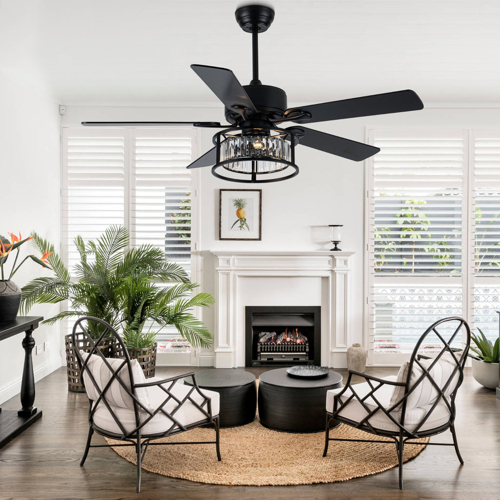 52 Inch Modern Glam Crystal Ceiling Fan with Lights and Remote, 6 Speeds DC Motor Black Reversible Ceiling Fan with Crystal Cage
