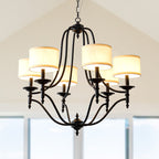 6 - Light Traditional Farmhouse Chandelier with Fabric Shades, 30 Inch Black Chandelier, Adjustable Classic Dining Room Light Fixture for Living Room