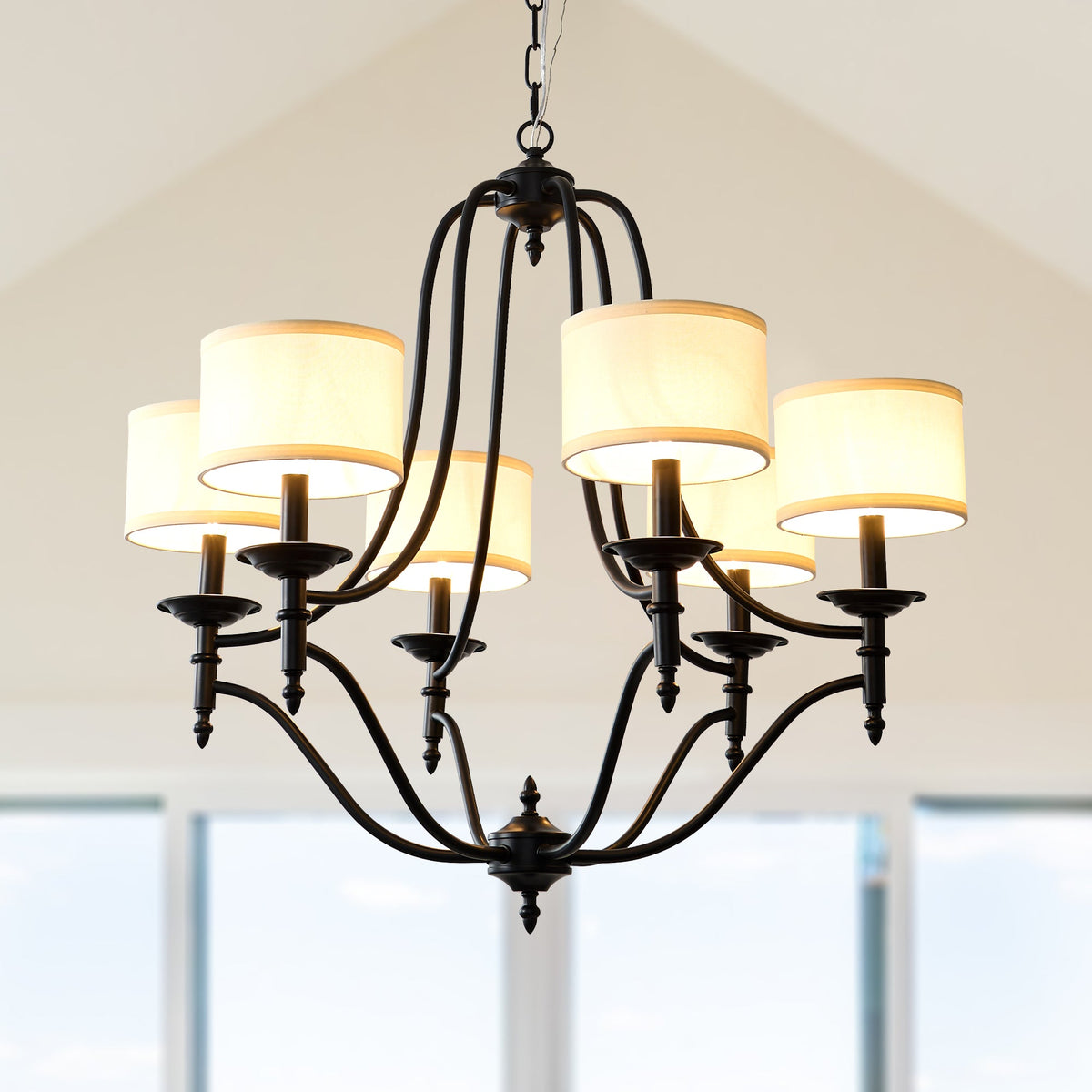 6 - Light Traditional Farmhouse Chandelier with Fabric Shades, 30 Inch Black Chandelier, Adjustable Classic Dining Room Light Fixture for Living Room