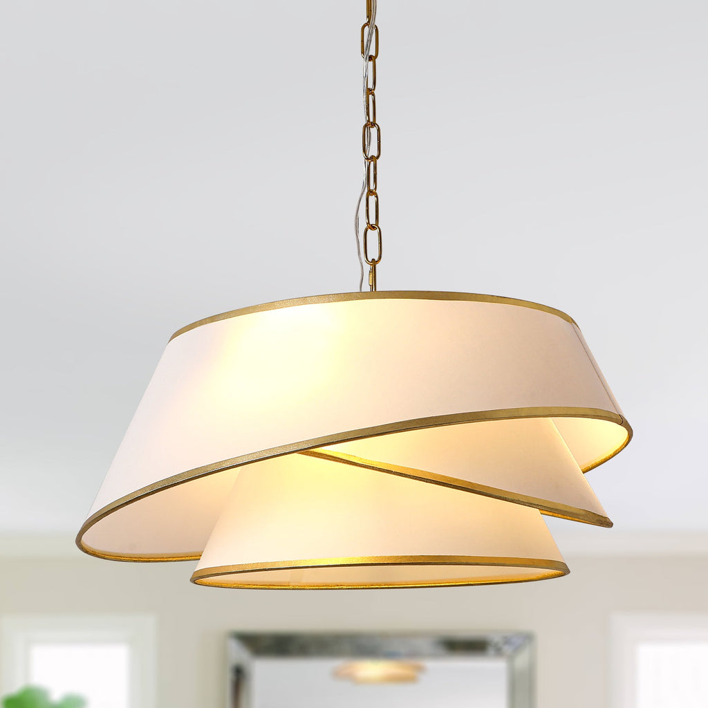 4-Light Mid Century Modern Drum Chandelier, Three-Tier Gold Chandelier with Fabric Shades, Modern Drum Light Fixtures for Dining Room