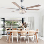 65 Inch Modern Glam Crystal Ceiling Fan with Lights and Remote Control,6 Speeds DC Motor  Black/Chrome Large Ceiling Fan with Crystals