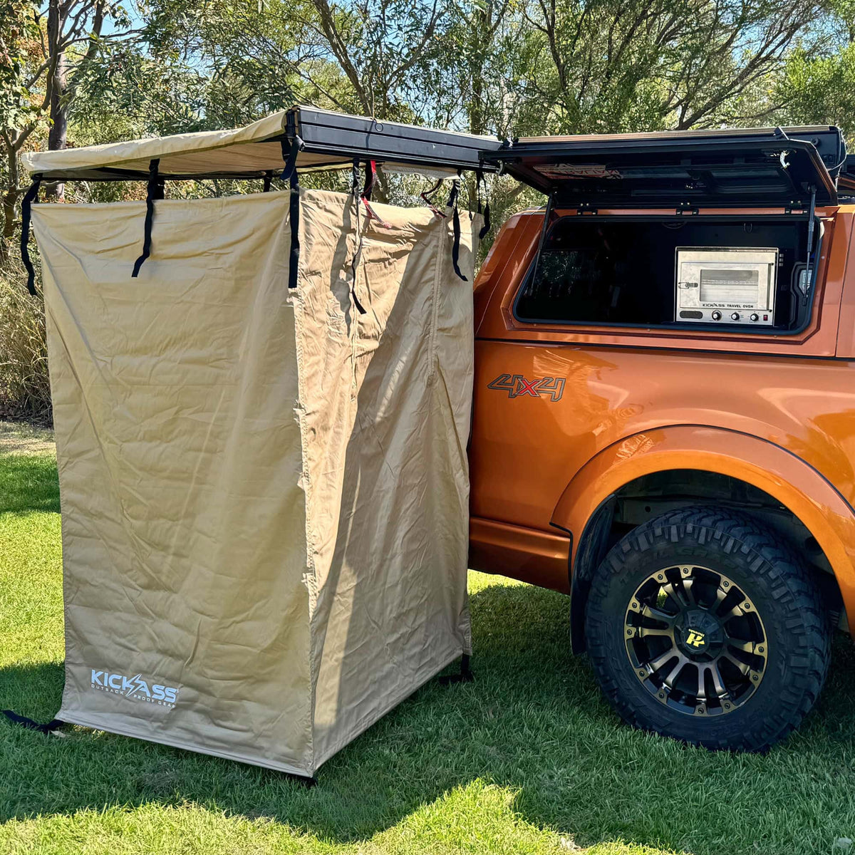 KickAss Premium Shower Awning with Swing Arm & LED Light Strip