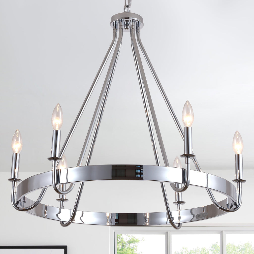 6 - Light Chrome Farmhouse Wagon Wheel Chandelier,  28 Inch Industrial Rustic Vintage Round Kitchen Island Pendant Light for Dining Room