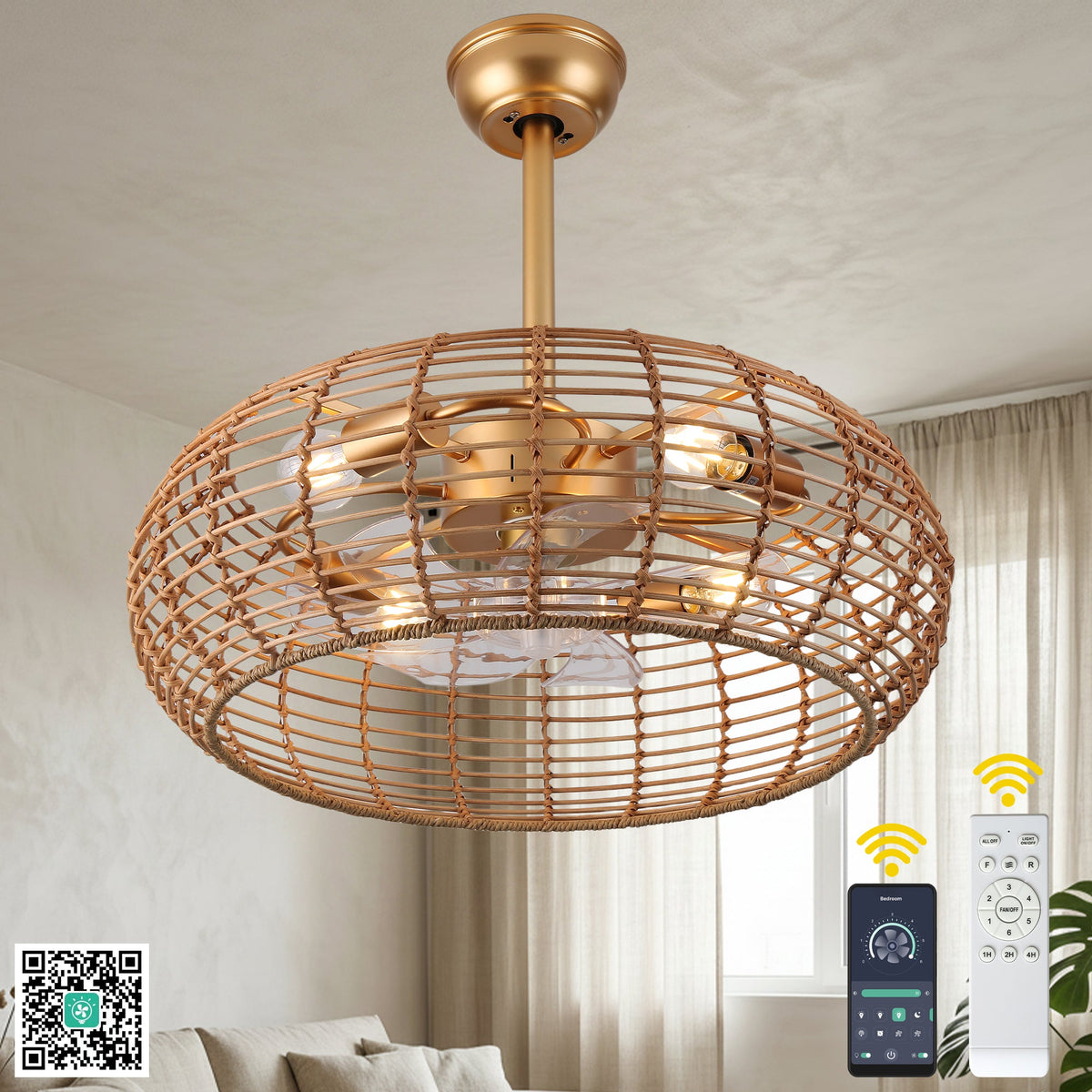 Bohemian 20 Inch Retractable Ceiling Fan with Light Quiet DC Motor Reversible 6-Speed Ceiling Fan with Light Retro 4-Light Ceiling Fan Suit for Living Room, Bedroom, Kitchen