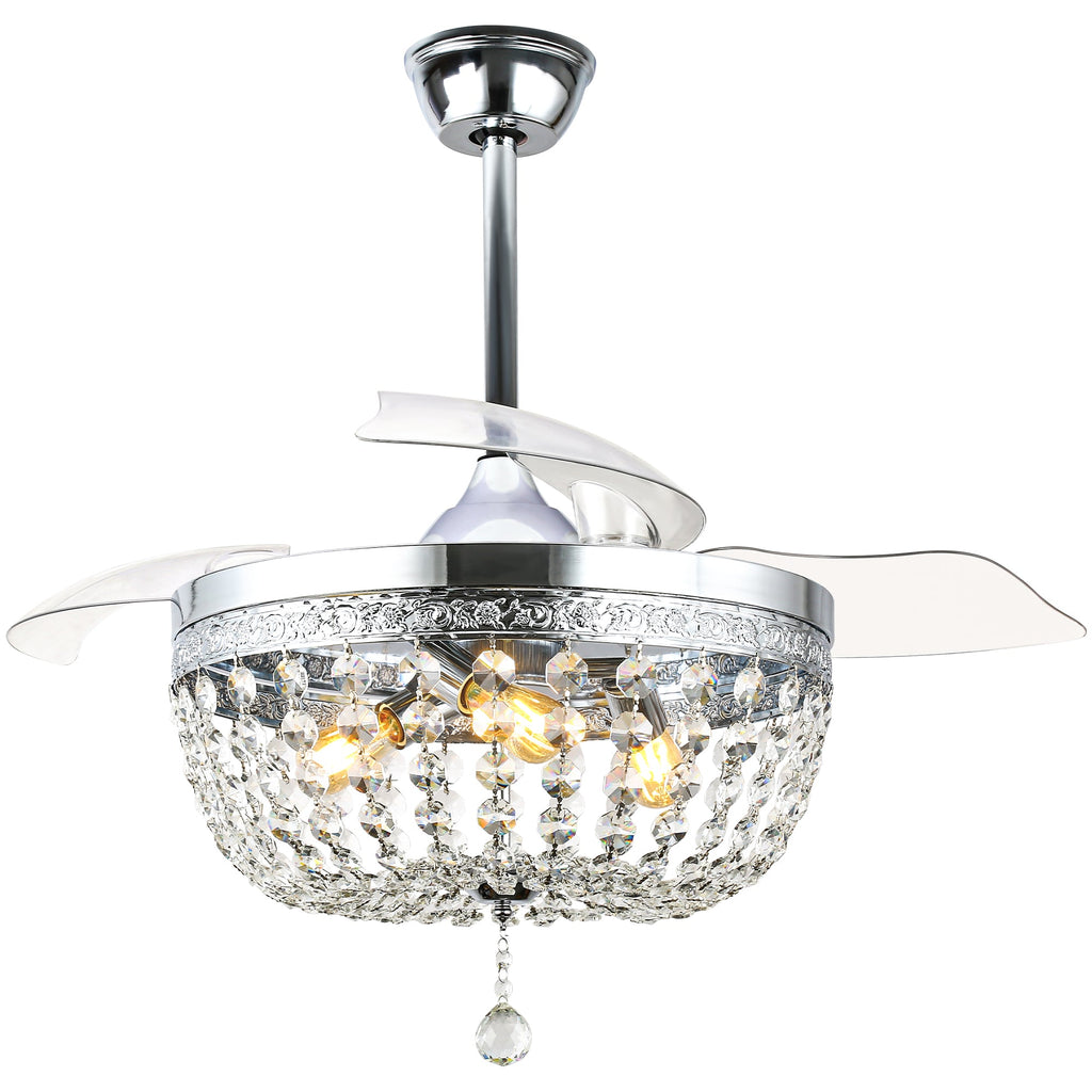 42 Inch Chrome Modern Glam Crystal Retractable Ceiling Fan with Lights and Remote Control, 6 Speeds DC Motor Fandelier Ceiling Fan