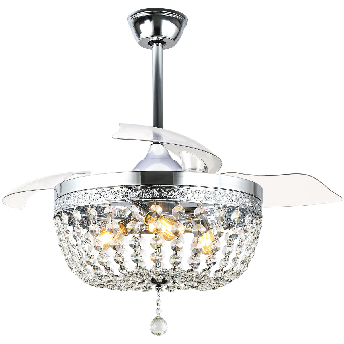 42 Inch Chrome Modern Glam Crystal Retractable Ceiling Fan with Lights and Remote Control, 6 Speeds DC Motor Fandelier Ceiling Fan
