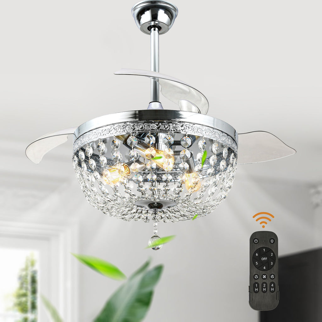 42 Inch Chrome Modern Glam Crystal Retractable Ceiling Fan with Lights and Remote Control, 6 Speeds DC Motor Fandelier Ceiling Fan