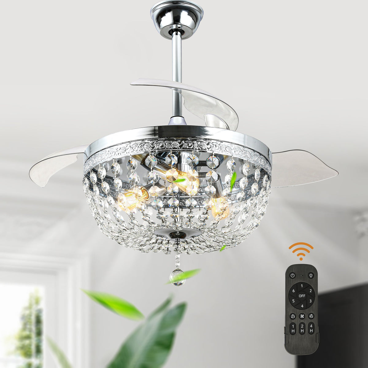 42 Inch Chrome Modern Glam Crystal Retractable Ceiling Fan with Lights and Remote Control, 6 Speeds DC Motor Fandelier Ceiling Fan