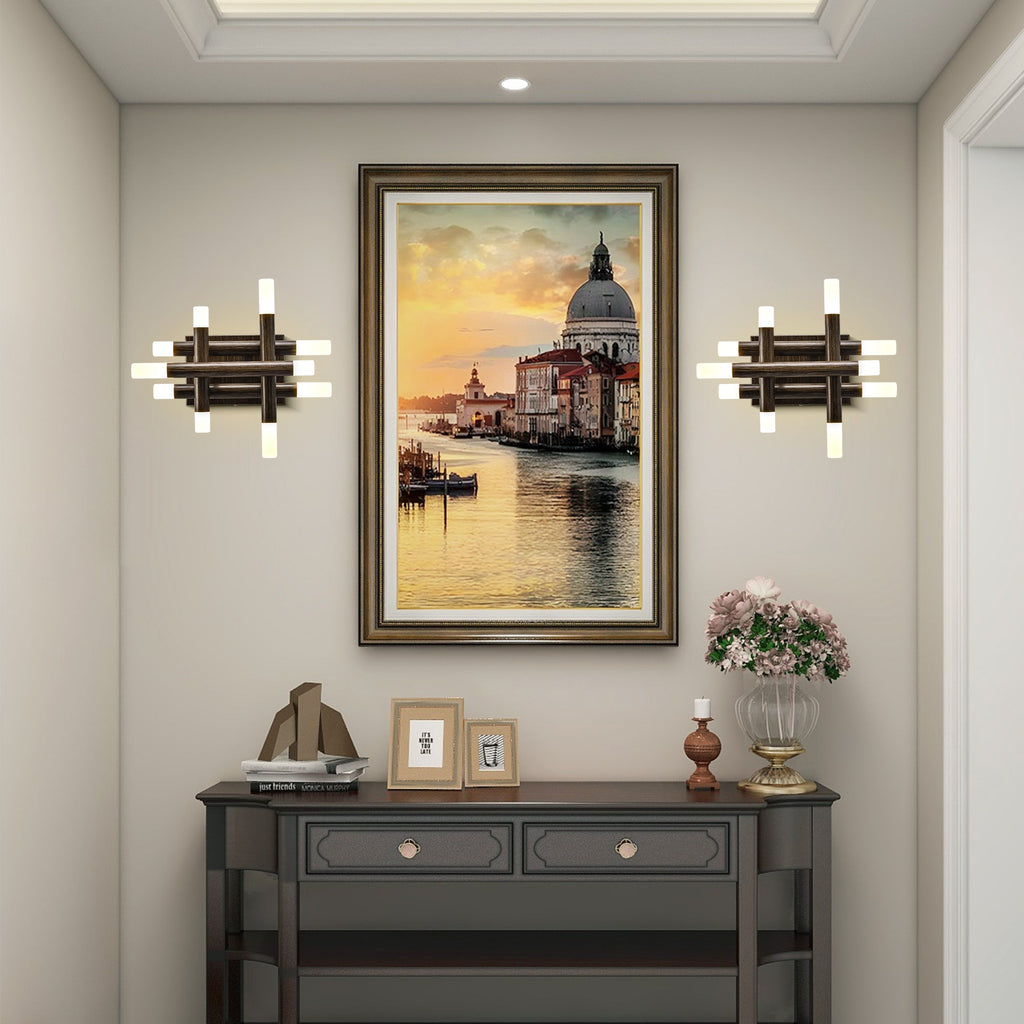 13 Inch Dark Brown Farmhouse Wood Flush Mount Wall Sconces with LED Lights, Rustic Wall Light for Hallway Bedroom