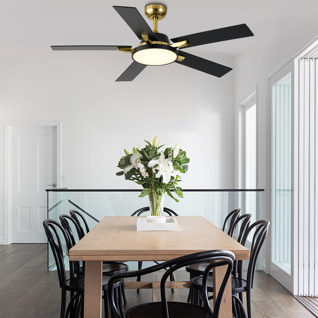 52 Inches Black and Gold Modern Ceiling Fan with LED Lights, 6 Speeds DC Motor Indoor Ceiling Fan for Large Room