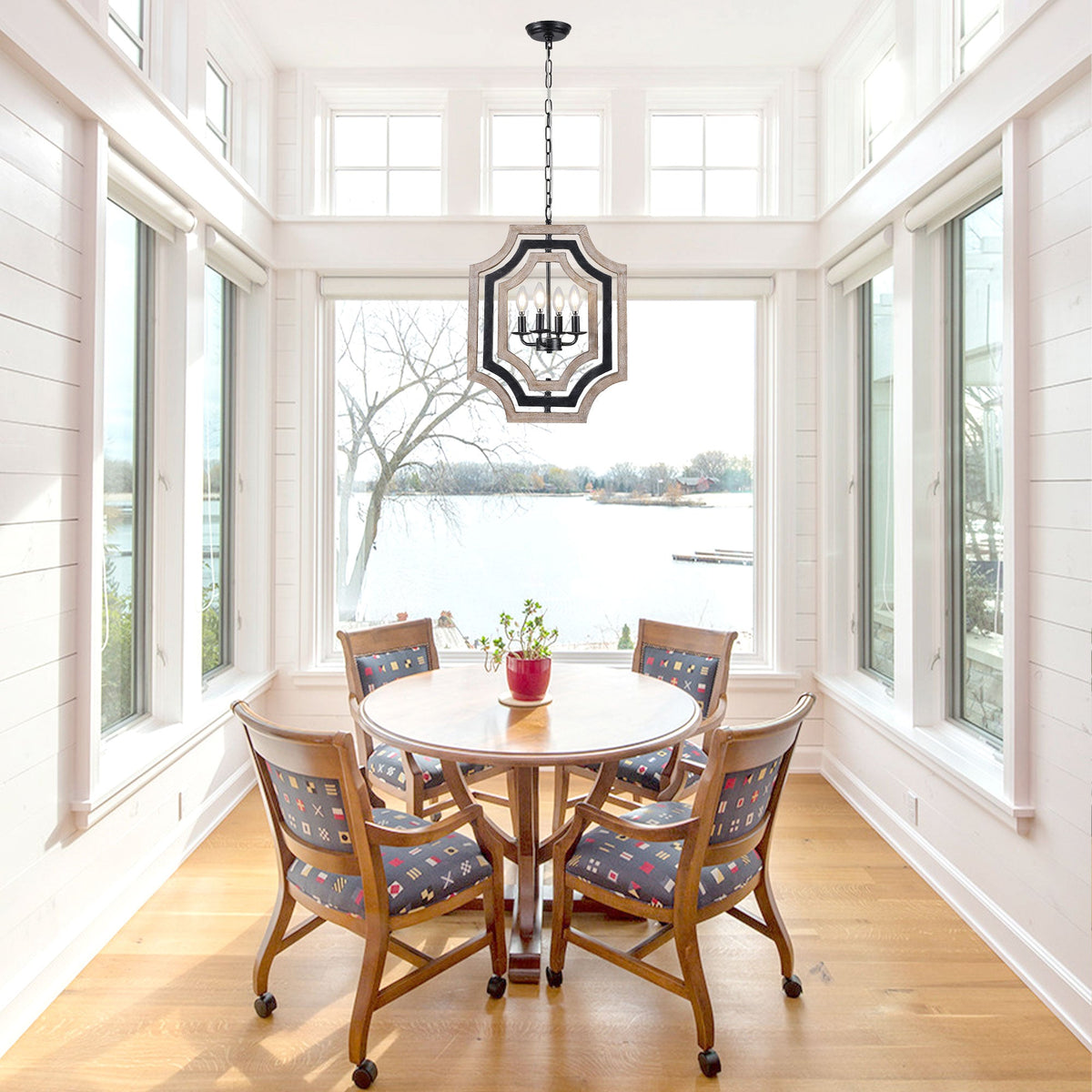 4 - Lights Distressed Wood Chandelier with Adjustable Chain, 16.9" Geometric Chandelier for Entryway with DIY Shade