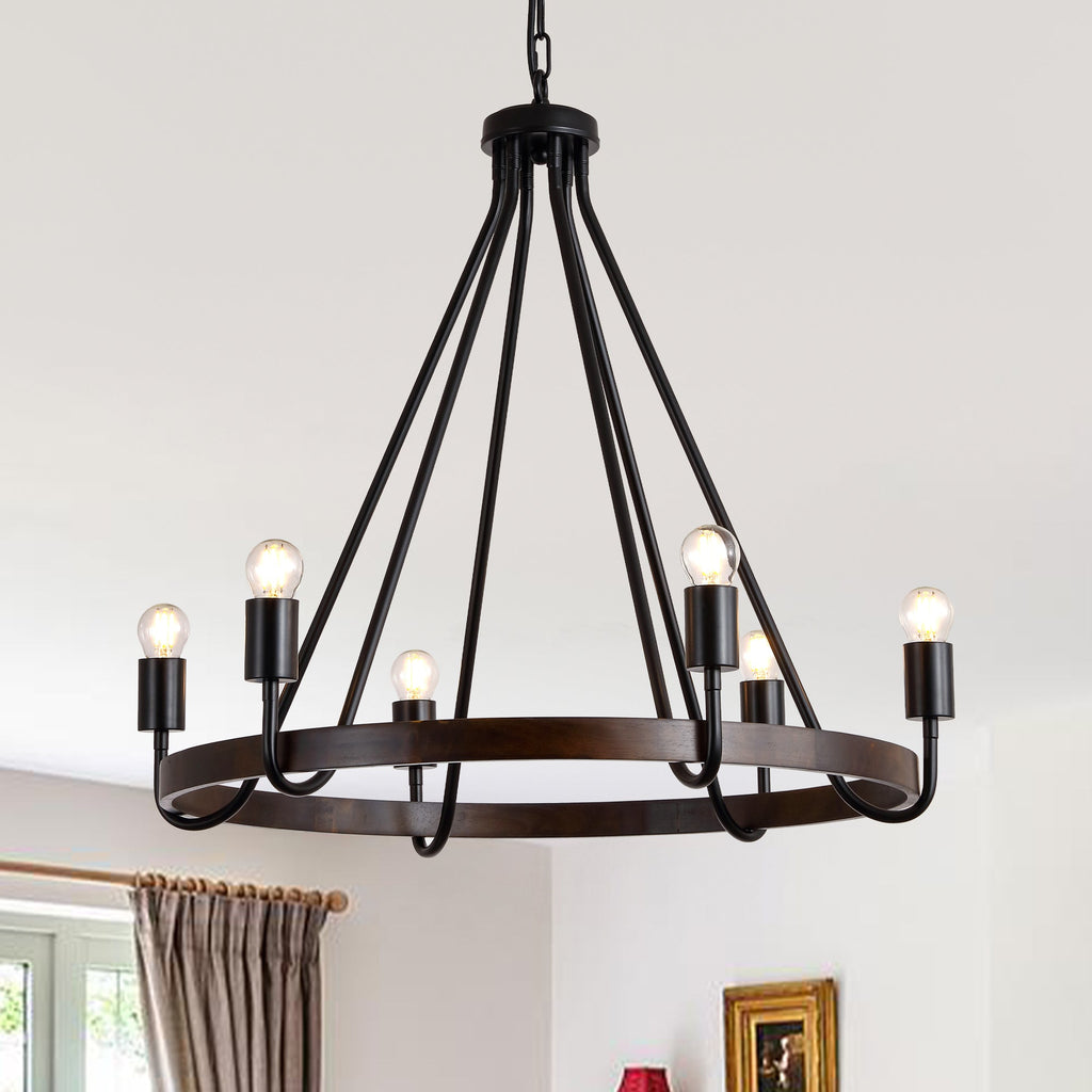6 - Light Black Farmhouse Small Wagon Wheel Chandelier, 28" Round Chandelier Foyer Chandeliers with Height Adjustable