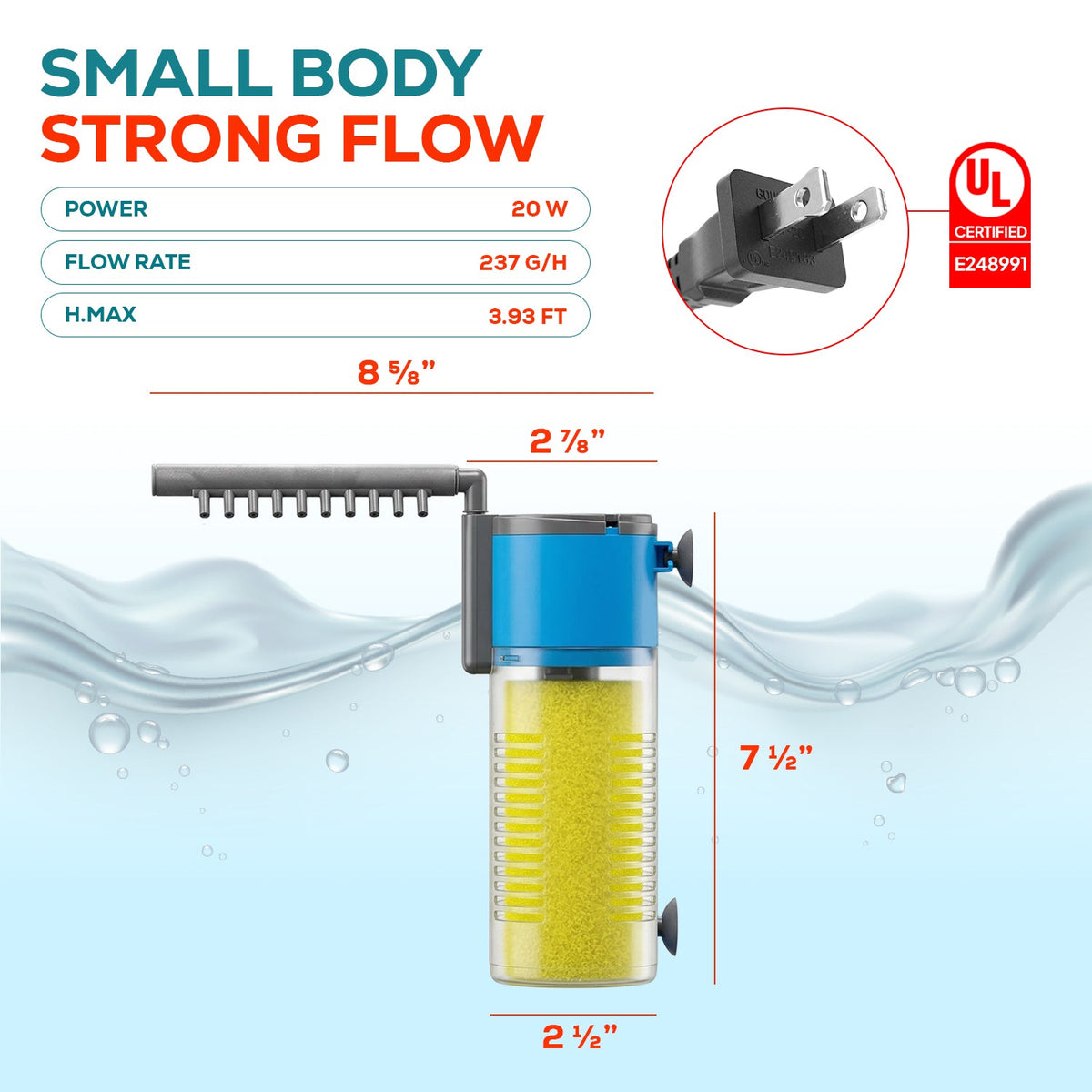 Aqua Dream 237 GPH 3-in-1 Internal Filter Pump Oxygen Rain Fish Tank