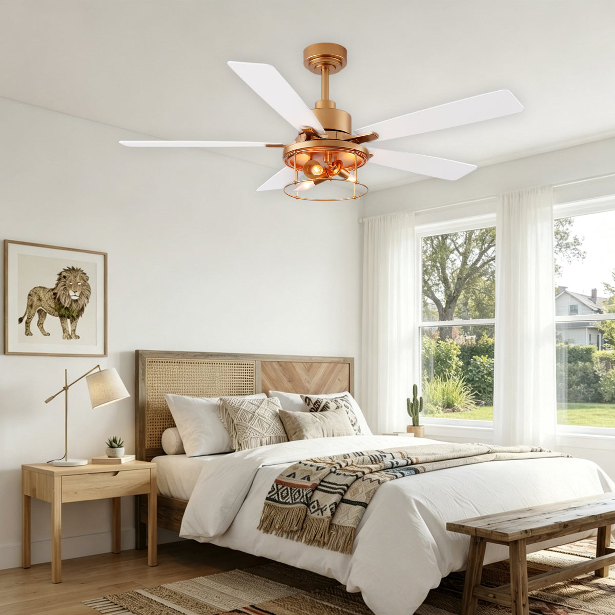 Industrial 52 Inch Gold/Black Caged Ceiling Fan with Light Quiet Reversible DC Motor with 6 Speed Remote Control Ceiling Fan 5 Blades Ceiling Fan Suit for Kitchen Bedroom Living Room