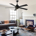 52 Inch Black Modern Ceiling Fan with Remote Control, 6 Speeds DC Motor 5-Blade Reversible Ceiling Fan for Living Room