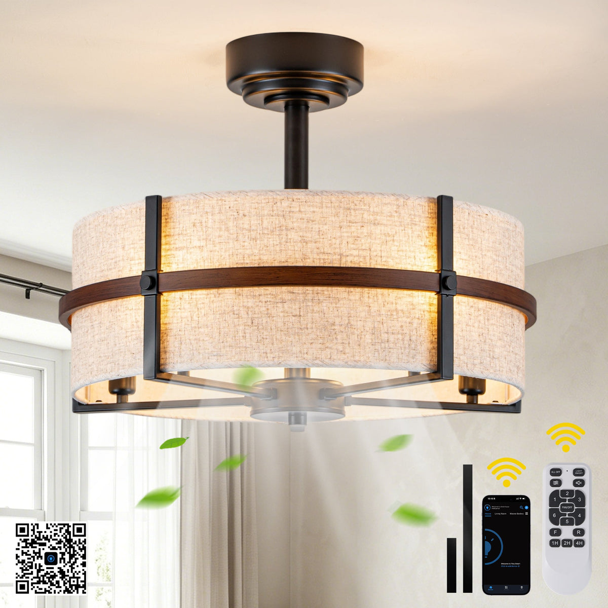 20 Inch Farmhouse Drum Caged Ceiling Fan with Lights and Remote APP Control, 6 Speeds DC Motor Reversible Fandelier Ceiling Fan for Bedroom