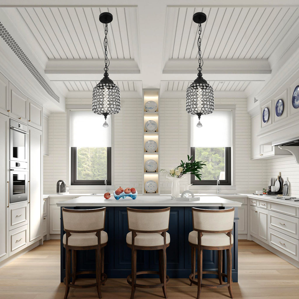1 - Light Black/Chrome Cylinder Crystal LED Pendant Light, 7.3" Dining Room Light Fixtures Kitchen Island Light