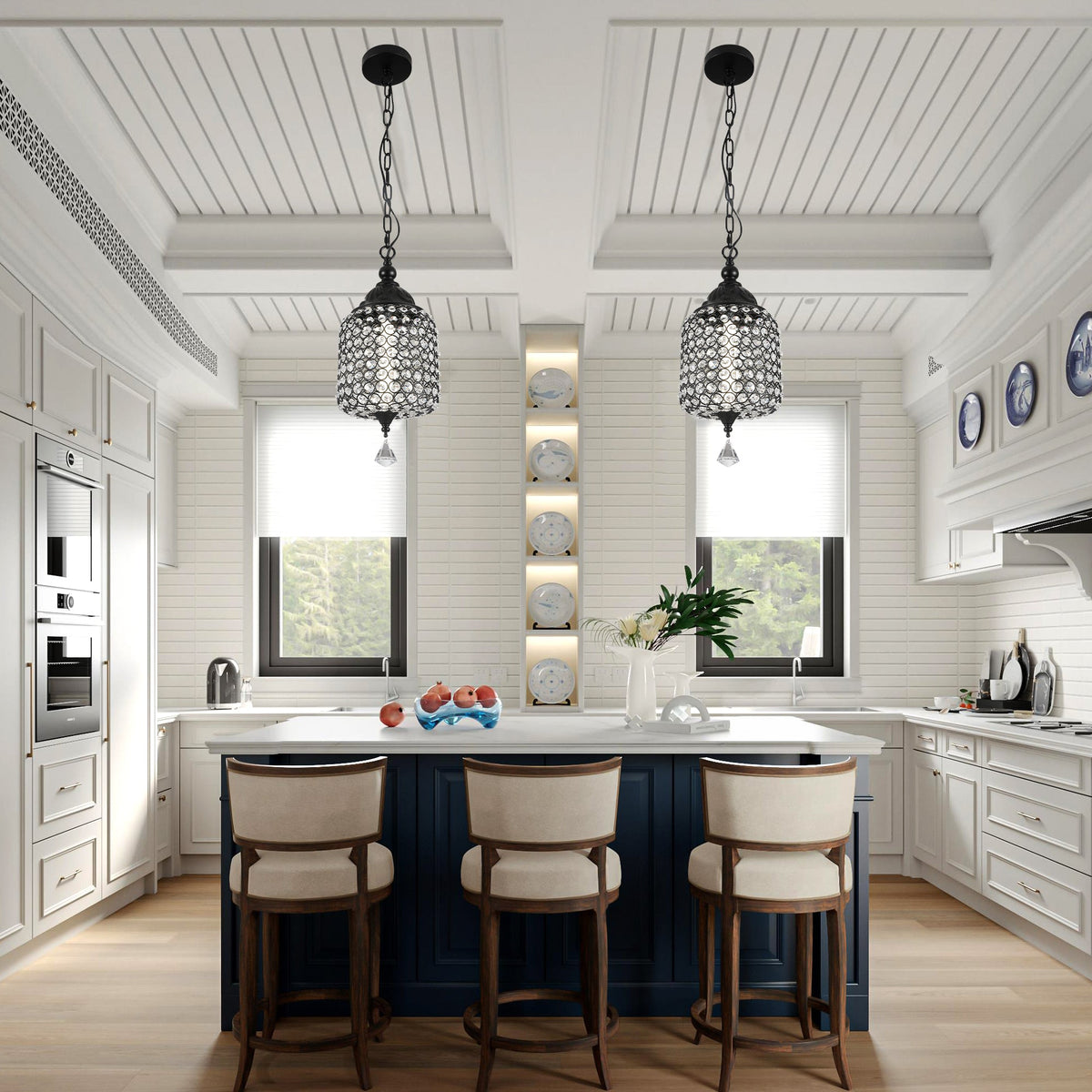 1 - Light Black/Chrome Cylinder Crystal LED Pendant Light, 7.3" Dining Room Light Fixtures Kitchen Island Light
