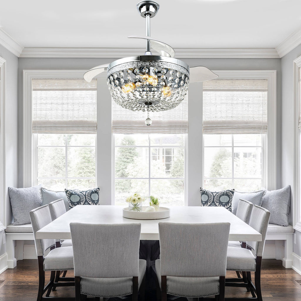 42 Inch Chrome Modern Glam Crystal Retractable Ceiling Fan with Lights and Remote Control, 6 Speeds DC Motor Fandelier Ceiling Fan