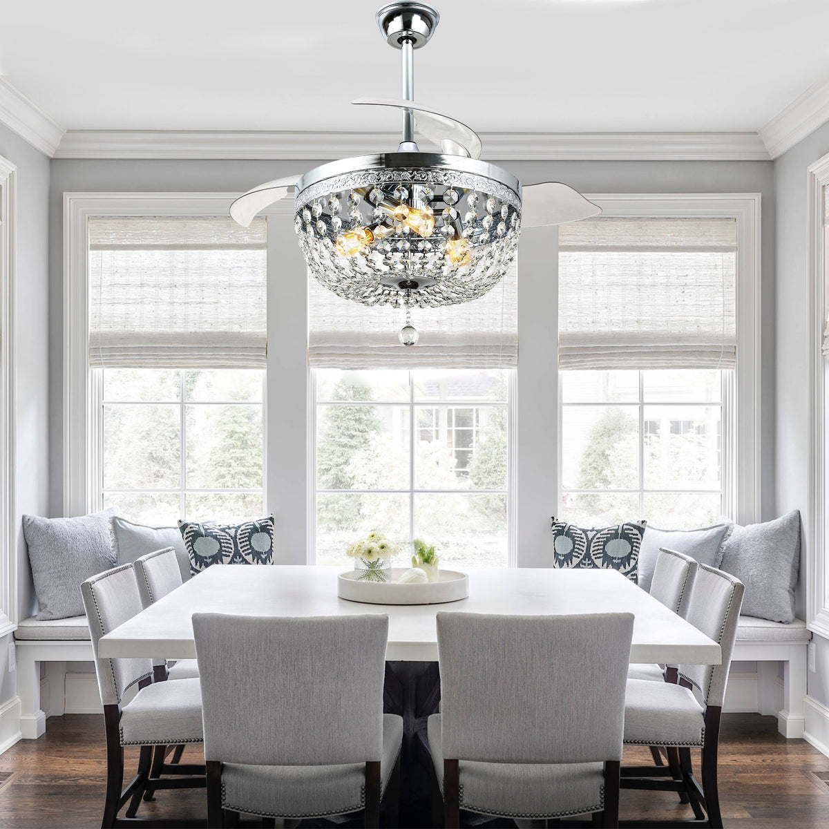 42 Inch Chrome Modern Glam Crystal Retractable Ceiling Fan with Lights and Remote Control, 6 Speeds DC Motor Fandelier Ceiling Fan