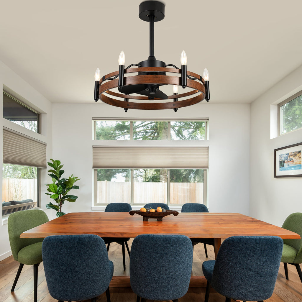24 Inch Black Farmhouse Wagon Wheel Ceiling Fan with Lights and Remote, 6 Speeds DC Motor Reversible Bladeless Fandelier Ceiling Fan