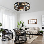 19 Inch Black Farmhouse Flush Mount Ceiling Fan with Lights and Remote, 6 Speeds DC Motor Bladeless Ceiling Fans for Low Profile Ceiling