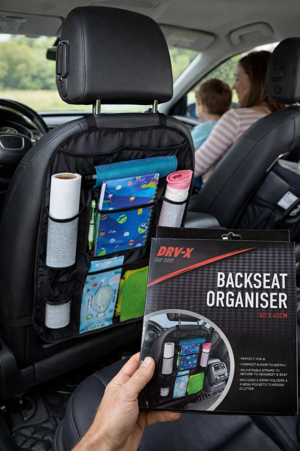 Car Backseat Organiser 60x40cm Drink Holder Mesh Pockets Adjustable Straps Black
