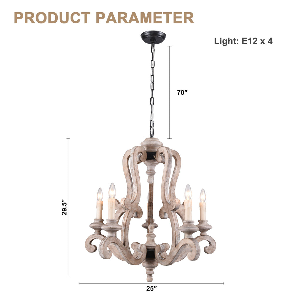 5 - Light Distressed Wood French Country Vintage Chandelier with Adjustable Height,  25" Farmhouse Chandelier for Dining Room