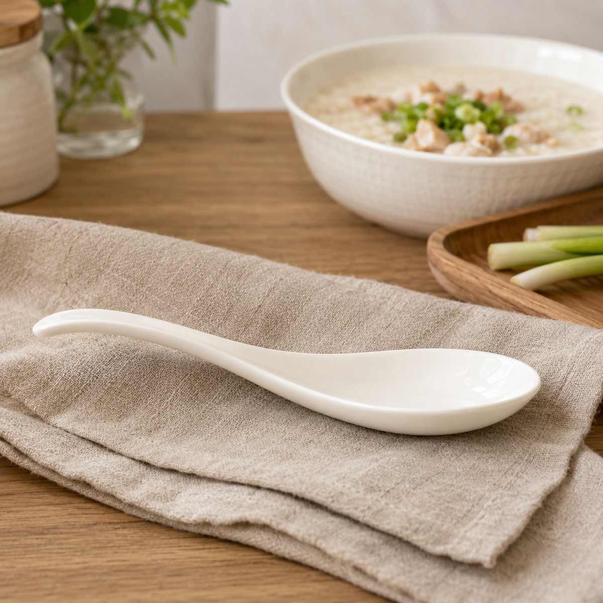 12PK White Ceramic Chinese Soup Spoons Asian Rice Noodle Spoon Kitchen Tableware