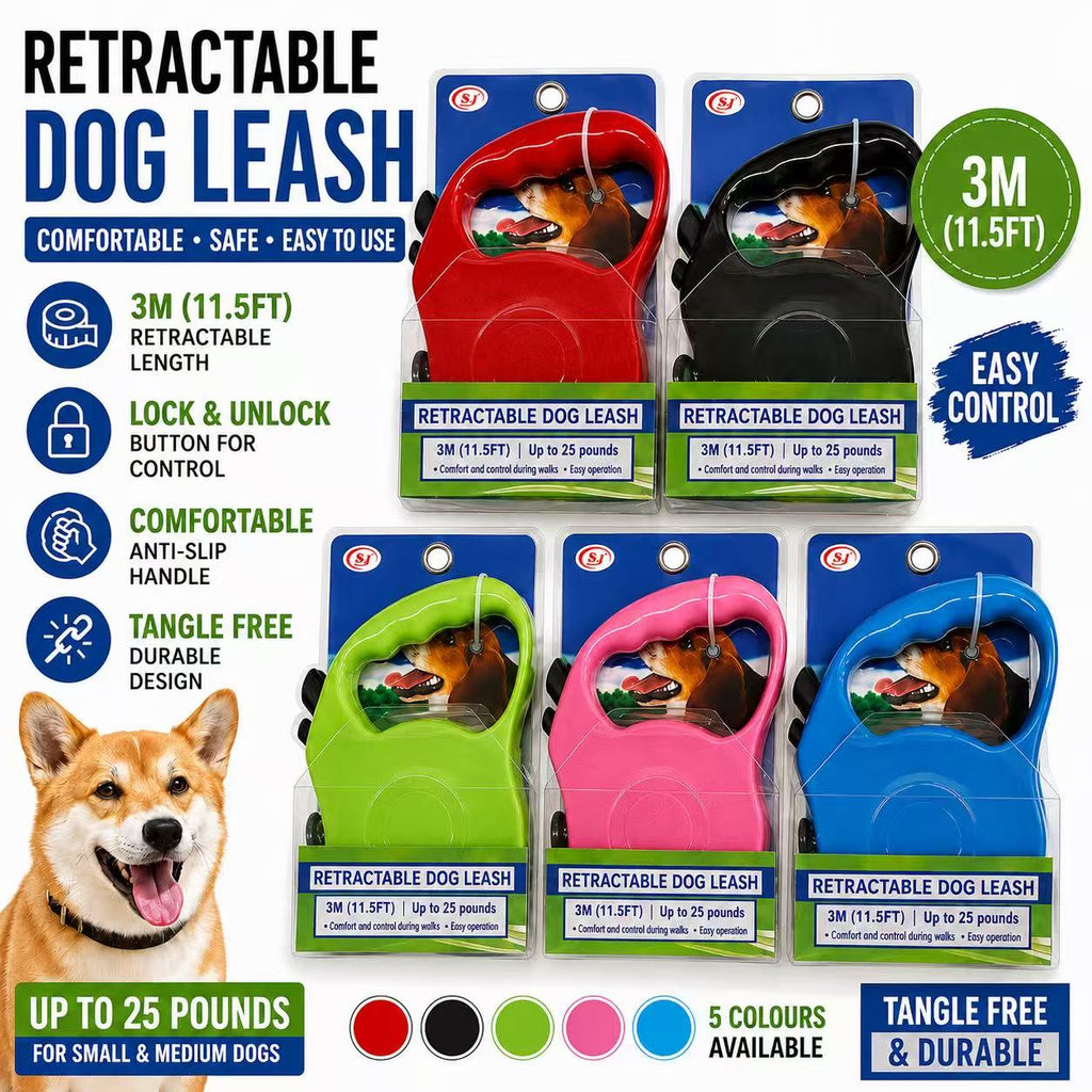 Retractable Dog Leash 3M 11.5FT Lockable Lead Choose Your Colour