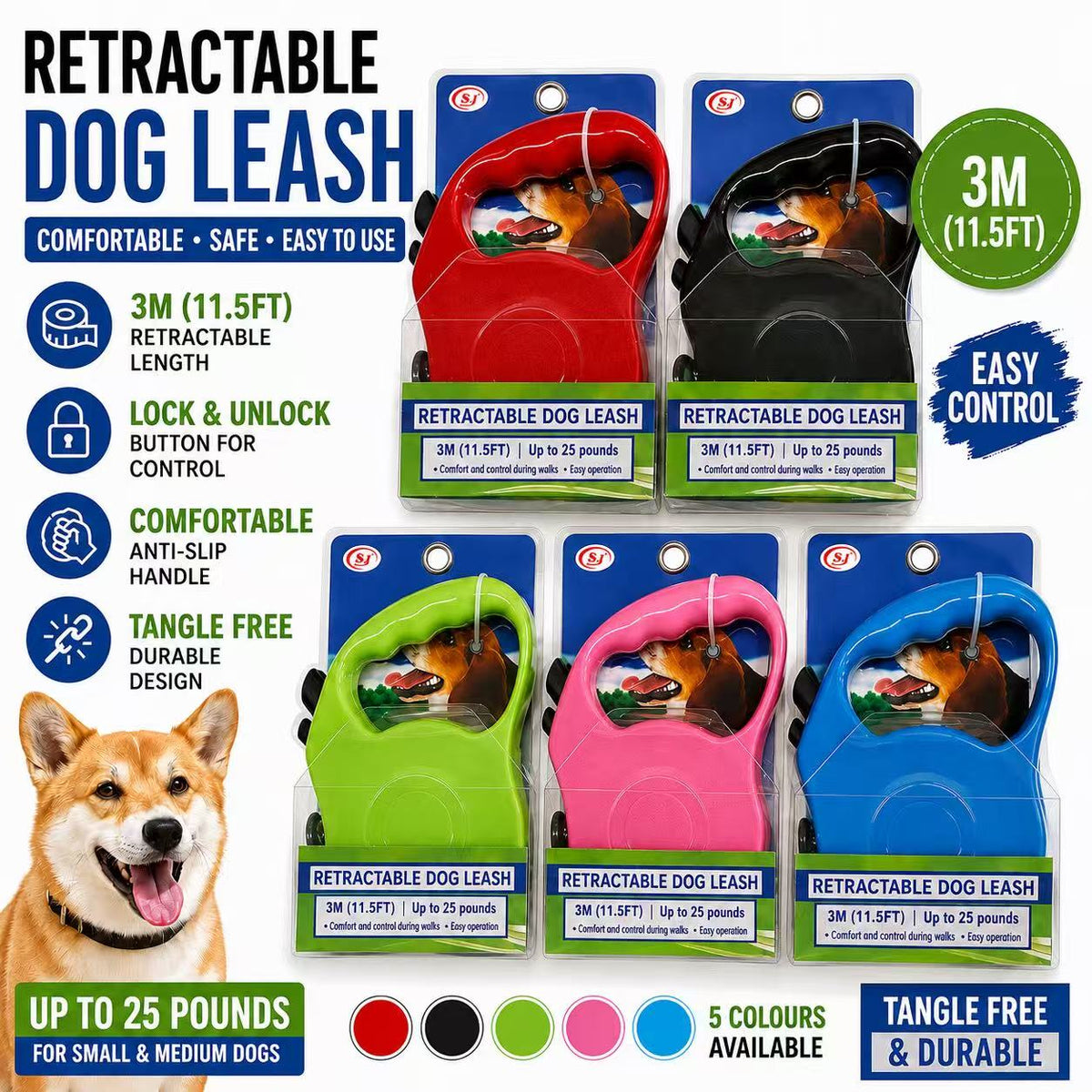 Retractable Dog Leash 3M 11.5FT Lockable Lead Choose Your Colour