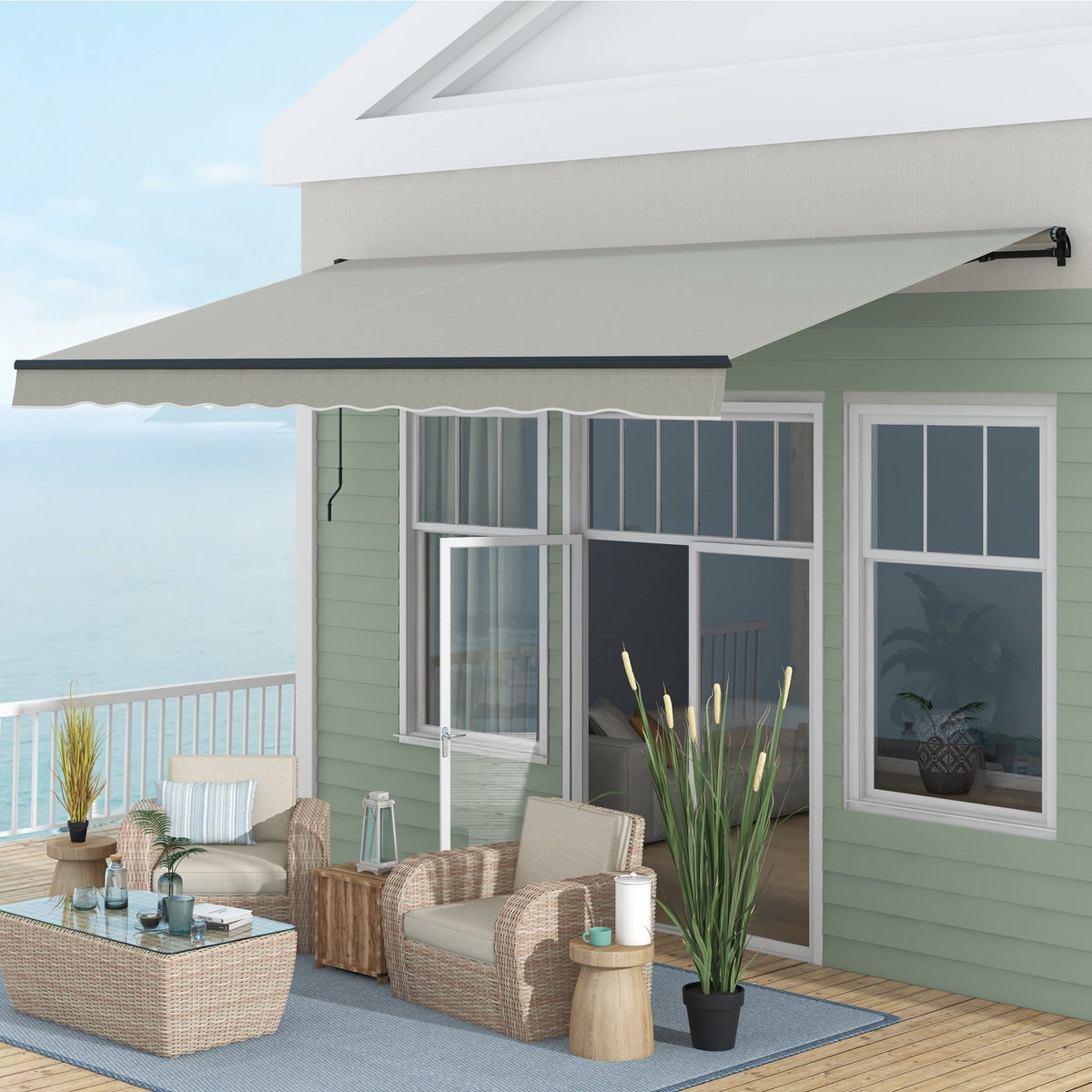 15' x 10' Retractable Awning with Manual Crank, 280gsm UV Resistant Fabric and Aluminum Frame, Light Grey