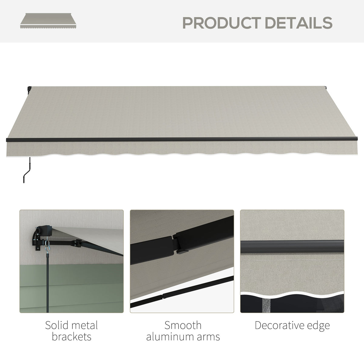 15' x 10' Retractable Awning with Manual Crank, 280gsm UV Resistant Fabric and Aluminum Frame, Light Grey