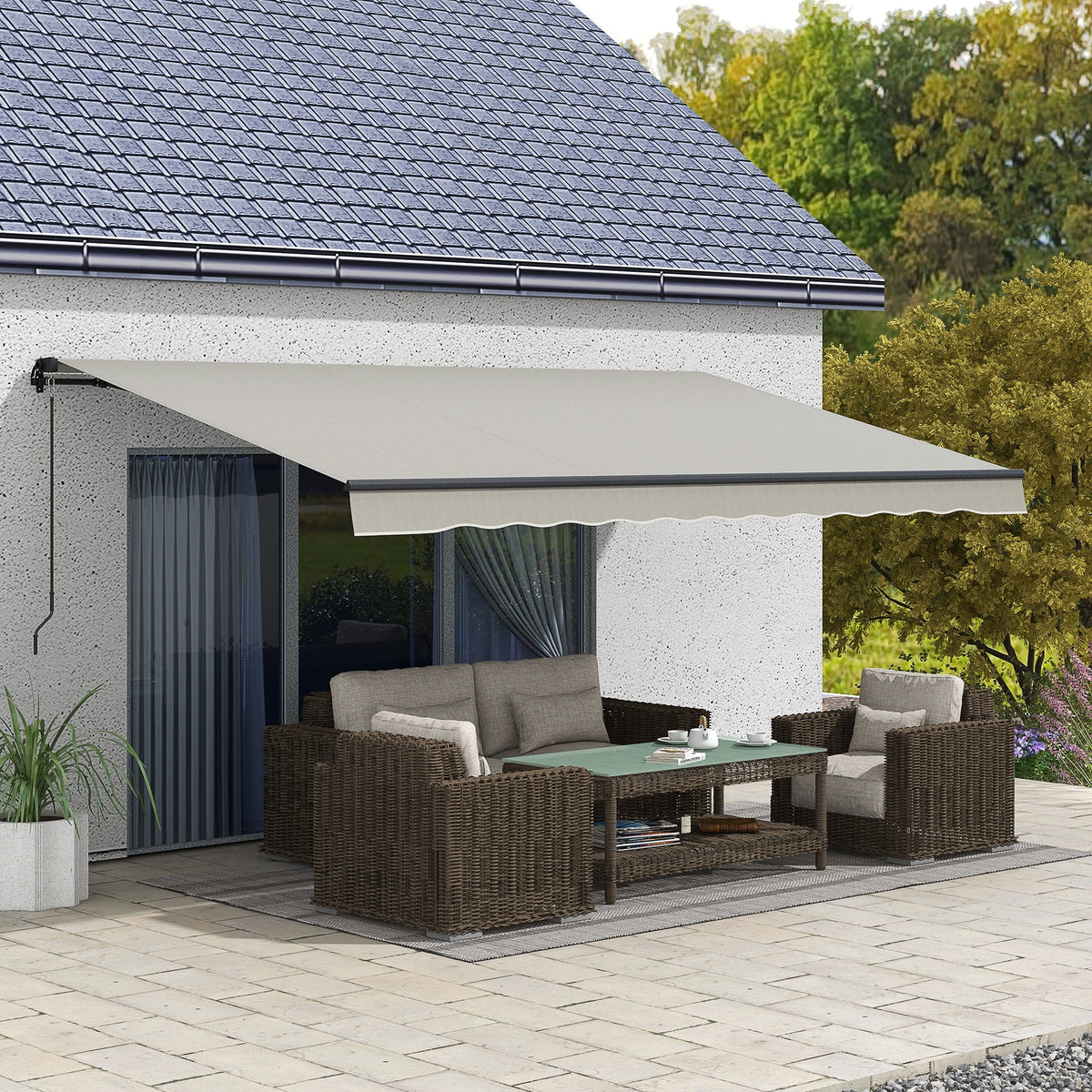 15' x 10' Retractable Awning with Manual Crank, 280gsm UV Resistant Fabric and Aluminum Frame, Light Grey
